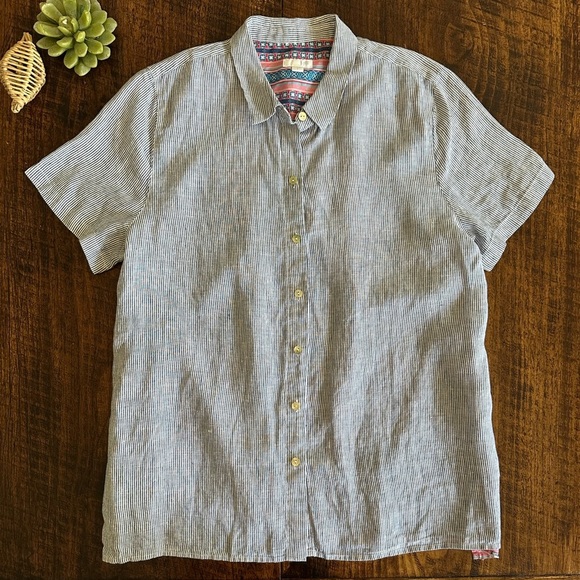 J. Jill | Striped Linen Short Sleeve Button Down Blouse, Floral Back Panel - Picture 3 of 10